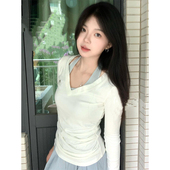 t恤女内搭紧身别致绝美设计感上衣 V领收腰打底长袖 2024新款 春秋季