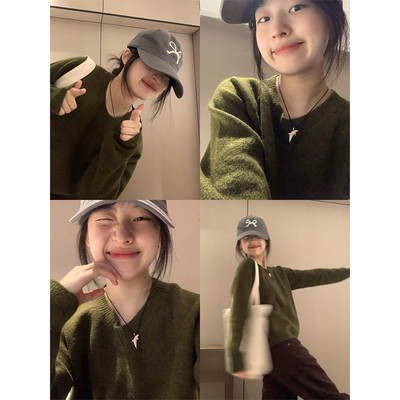 橄榄绿毛衣针织衫女秋冬复古显瘦