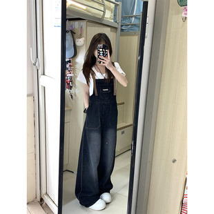 美式黑灰色背带牛仔裤女夏季小个子宽松百搭减龄高腰直筒阔腿长裤