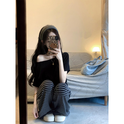 黑色斜肩短袖t恤女夏季2026新款