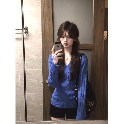 蓝色v领麻花针织衫女秋冬季修身