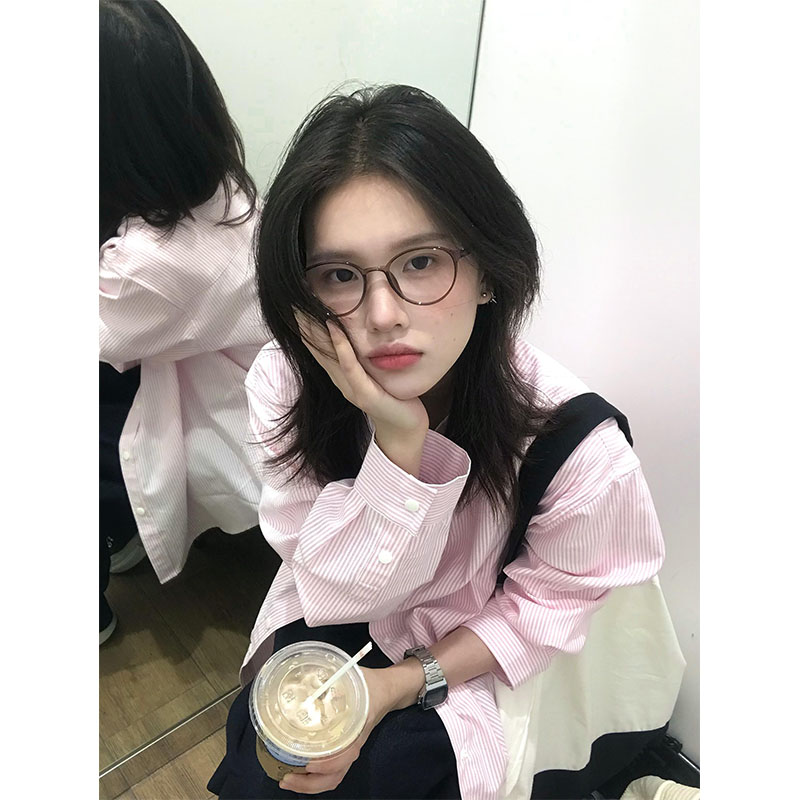 韩系甜美POLO翻领条纹衬衫女早秋