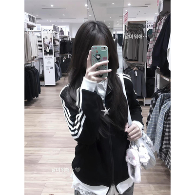 韩系学院风三条杠立领拉链卫衣女