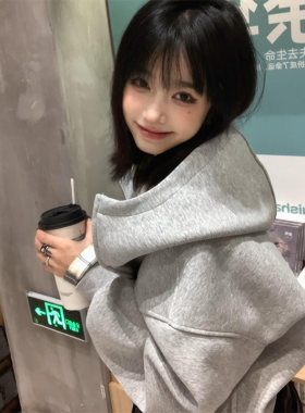 高领开衫空气层连帽卫衣外套女