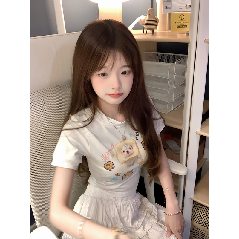 可爱小狗白色短袖正肩t恤女夏季