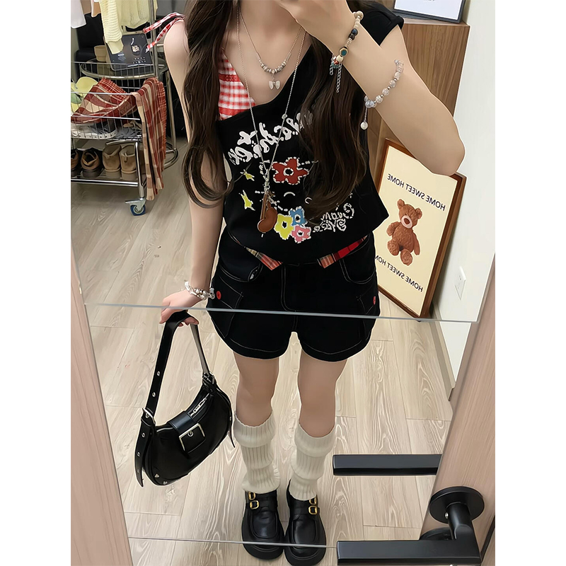 美式甜辣妹kitty猫斜肩短袖t恤女夏季小众设计感性感露肩短款上衣
