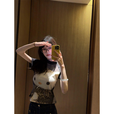 美式复古豹纹kitty猫短袖t恤女