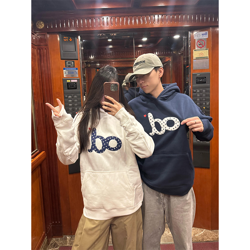 波点贴布印花情侣装卫衣女加绒