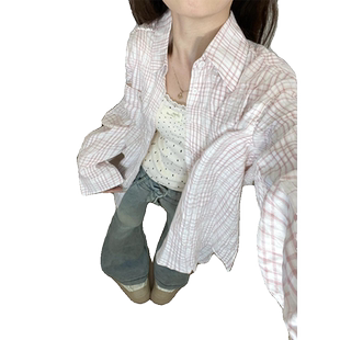 粉色格子防晒衬衫女春秋薄款2026新款高级感衬衣法式长袖上衣外套