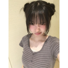 bm美式三粒扣条纹正肩短袖t恤女夏季辣妹修身u领短款休闲百搭上衣