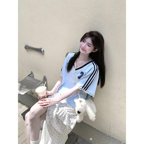 美式辣妹蕾丝花边短袖球衣t恤女