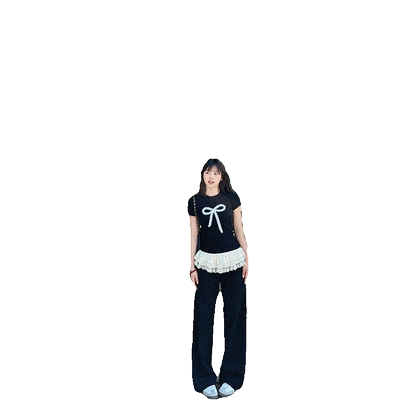 蝴蝶结黑色正肩纯棉短袖t恤女夏