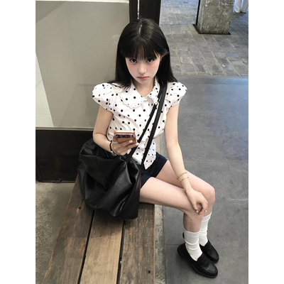 韩系波点娃娃领短袖衬衫女夏季