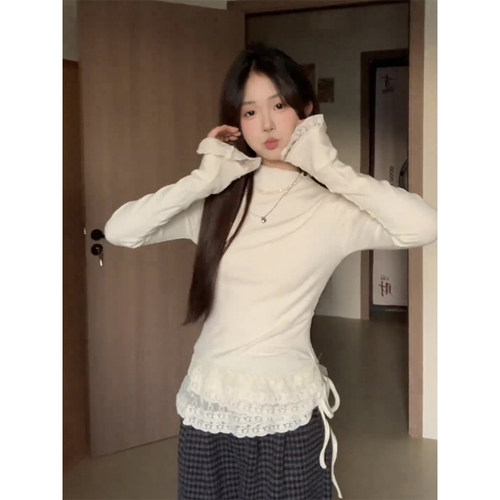 韩系纯欲蕾丝花边德绒打底衫女秋