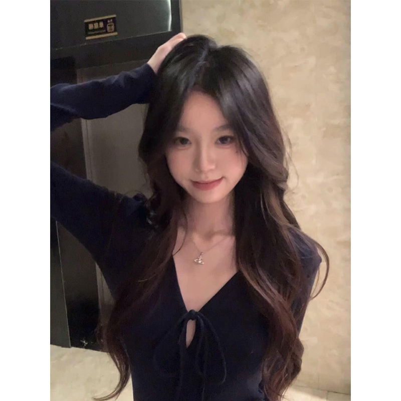 韩系气质修身v领绑带长袖t恤女秋