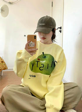 淡黄色趣味融化苹果圆领卫衣女秋冬2024新款无帽宽松chic长袖上衣