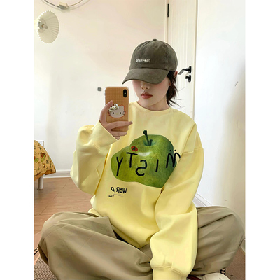 淡黄色趣味融化苹果圆领卫衣女秋