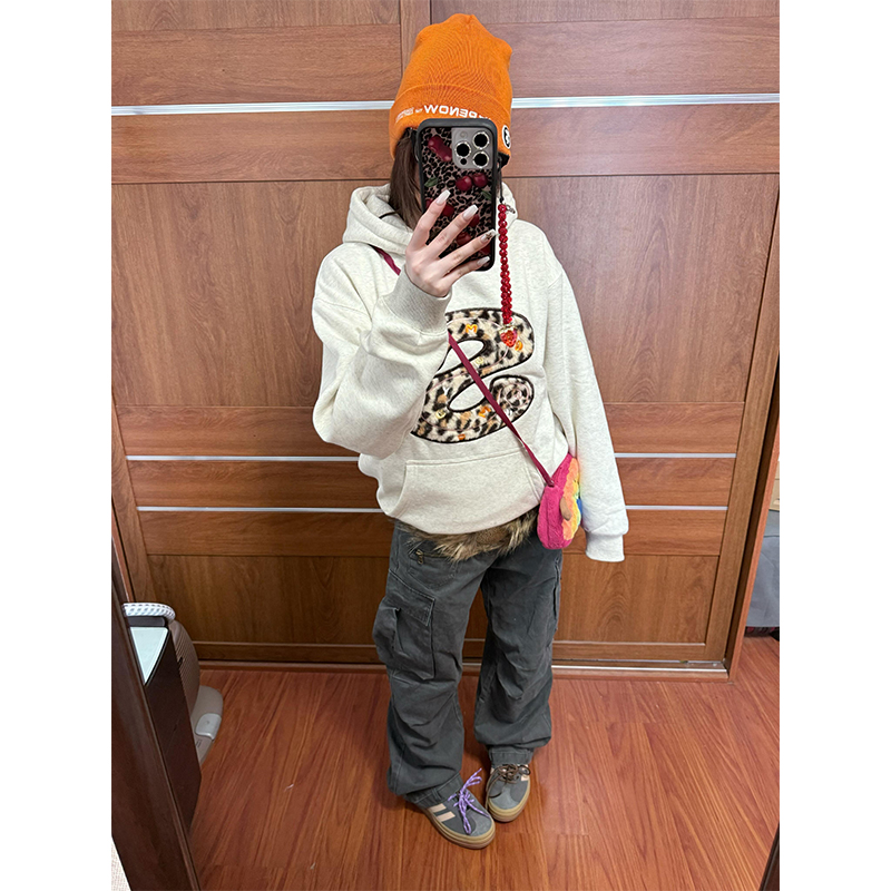 美式复古豹纹大S贴布绣连帽卫衣女秋冬加绒套头宽松休闲情侣外套