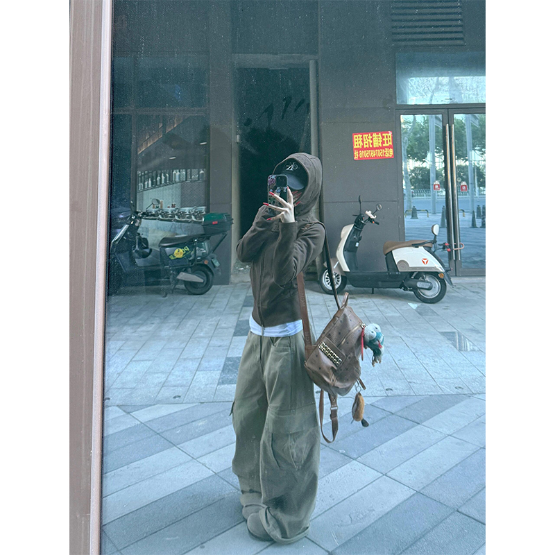 美式辣妹修身连帽开衫刺绣卫衣女