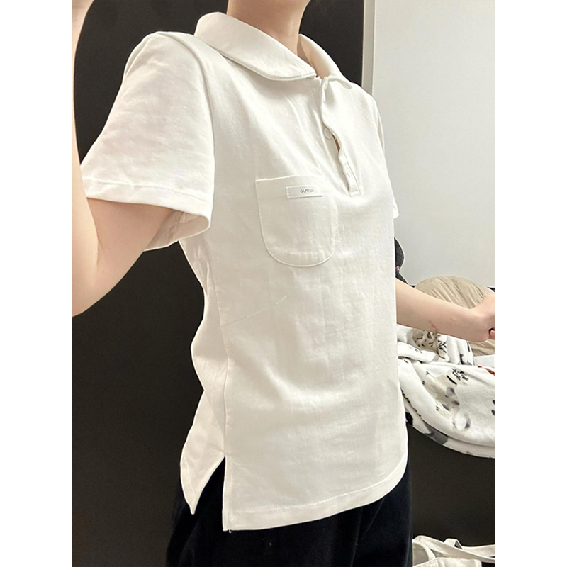 韩系白色正肩翻领短袖t恤女夏季