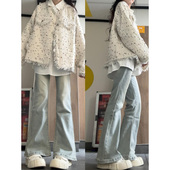 高腰弹力显瘦小个子阔腿裤 浅蓝色微喇叭牛仔裤 女秋冬加绒2025新款