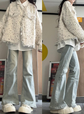 浅蓝色微喇叭牛仔裤女秋冬加绒2025新款高腰弹力显瘦小个子阔腿裤