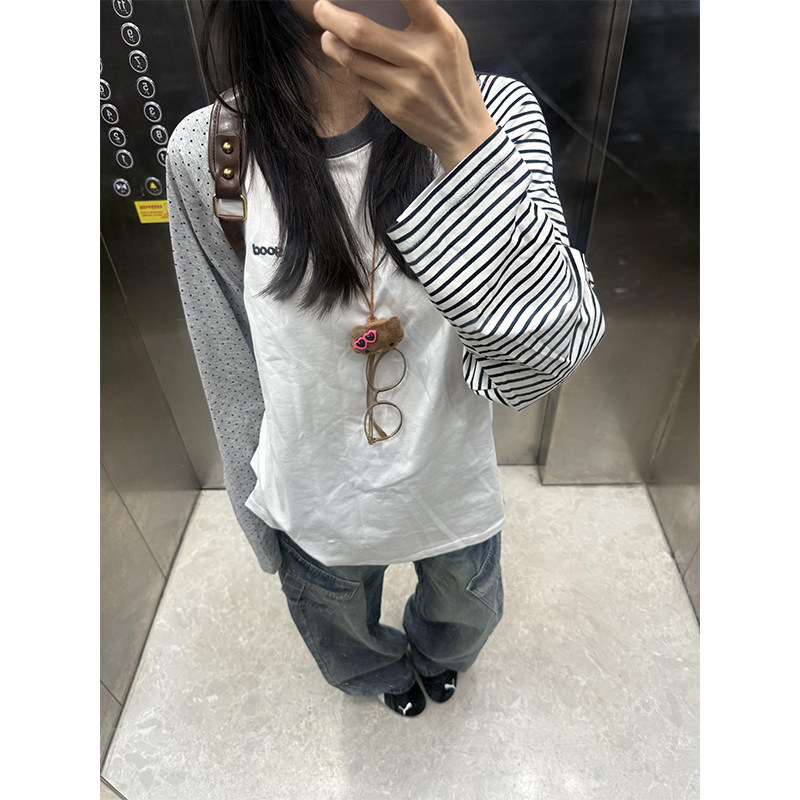 白色插肩波点条纹撞色长袖t恤女春季设计感拼接休闲圆领套头上衣