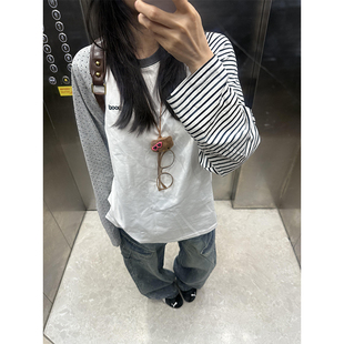 白色插肩波点条纹撞色长袖t恤女春季设计感拼接休闲圆领套头上衣