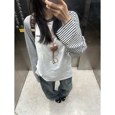 白色插肩波点条纹撞色长袖t恤女