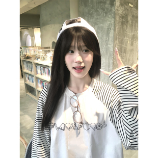 2025新款 t恤女秋季 宽松休闲学院风打底上衣 复古插肩条纹长袖 美式