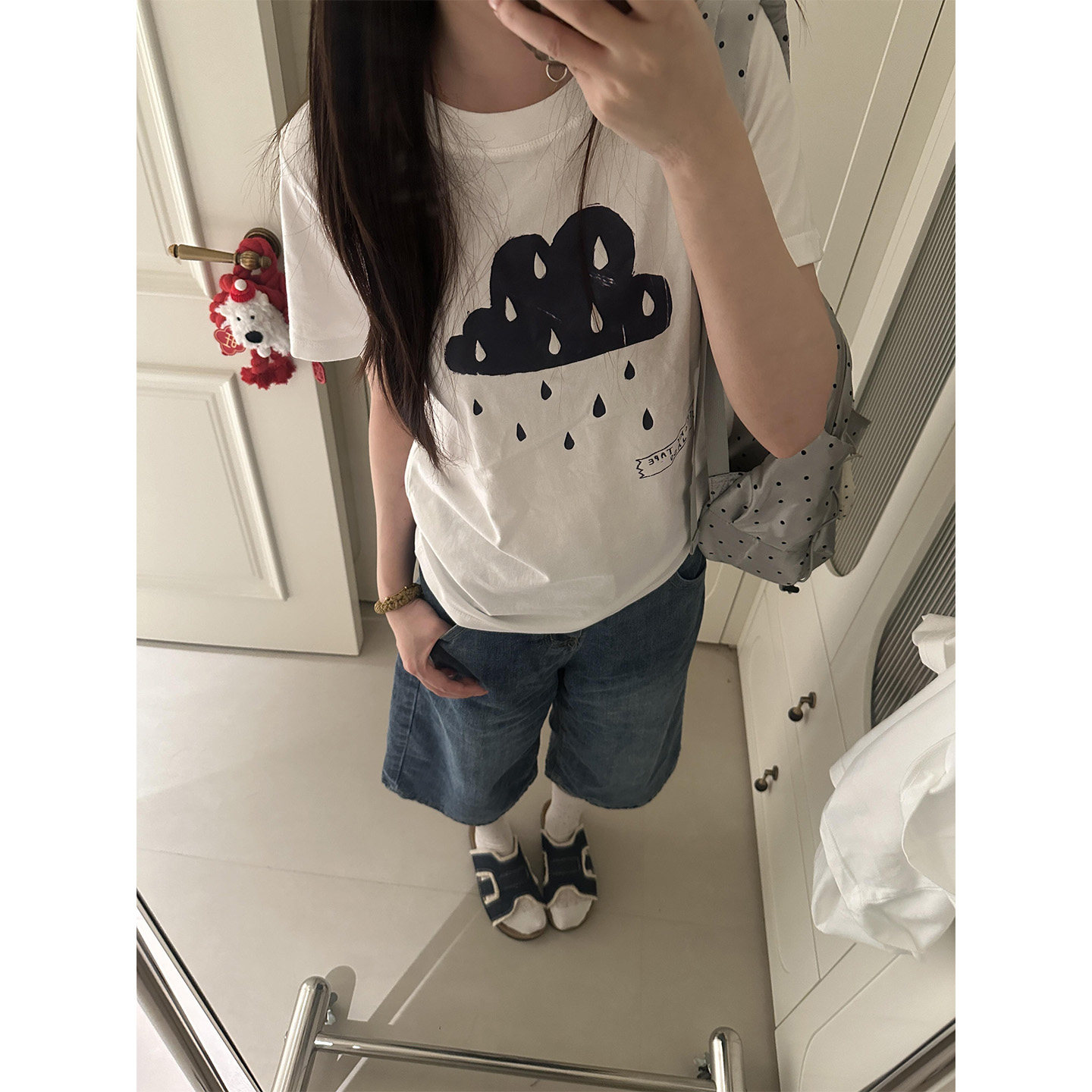 纯棉白色正肩圆领短袖t恤女夏季新款乌云小雨印花设计感百搭上衣 - 实物图