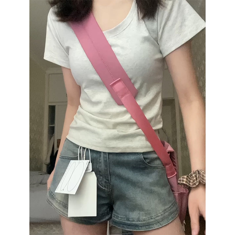 U领灰色正肩短袖t恤女夏季修身