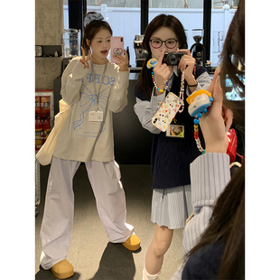 复古纯棉早秋长袖 美式 t恤女蝴蝶结印花宽松显瘦气质内搭打底上衣