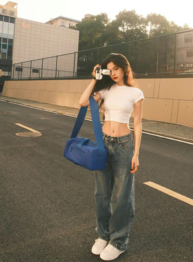 辣妹正肩短袖白色t恤女夏季2024年新款紧身显瘦纯欲内搭短款上衣