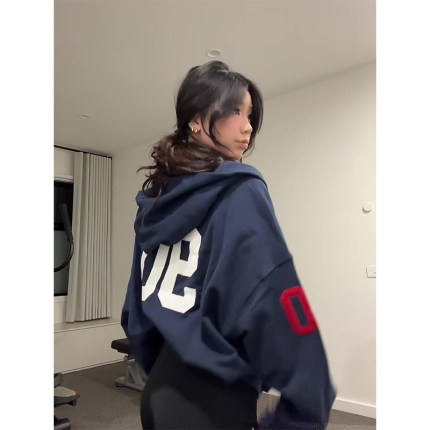 国潮牌美式复古刺绣开衫连帽卫衣女春秋2025新款宽松慵懒情侣外套