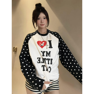 宽松显瘦休闲拼色百搭慵懒上衣 t恤女秋季 美式 撞色波点爱小猫长袖