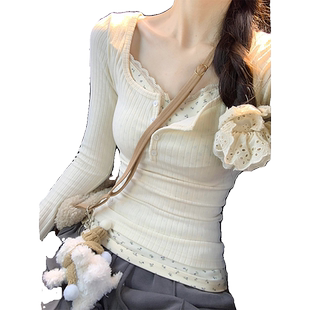 假两件韩系内搭打底衫女秋冬加绒修身设计感长袖t恤纯欲蕾丝上衣