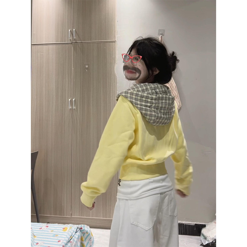 韩系chic奶黄格子拼接连帽卫衣女春季小个子短款百搭开衫拉链外套