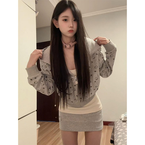 美式复古卡通猫连帽卫衣套装女秋