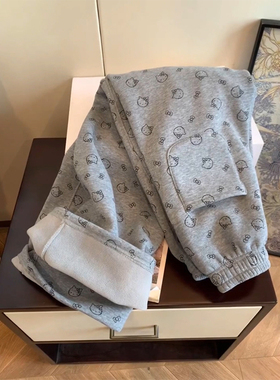 灰色kitty猫印花加绒休闲裤女秋冬新款高腰直筒宽松百搭阔腿卫裤