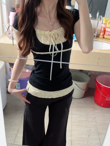 Комплект, летняя приталенная кружевная короткая футболка с коротким рукавом, цветочный принт