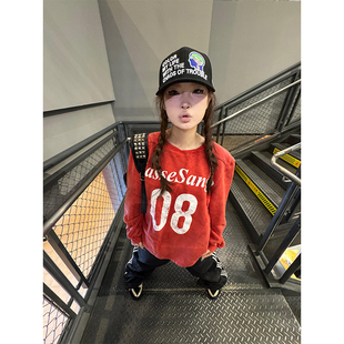 美式复古08字母印花套头卫衣女春秋宽松圆领运动橄榄球服长袖上衣