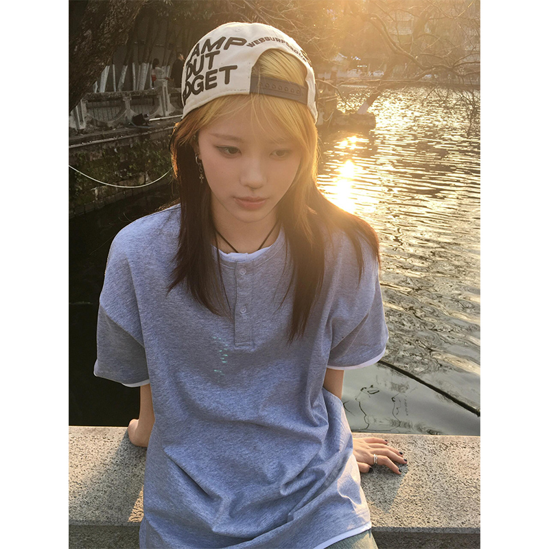 美式复古亨利领假两件短袖t恤女