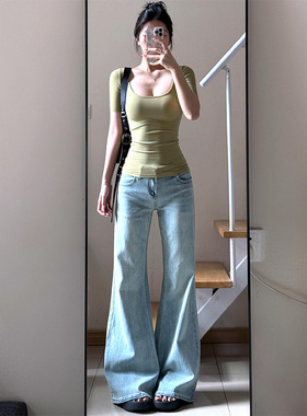 纯欲大U领露锁骨短袖t恤女夏季2025新款正肩辣妹绿色小众紧身上衣