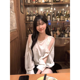 法式镂空绑带露肩长袖衬衫女夏季小众设计感温柔气质独特显瘦上衣