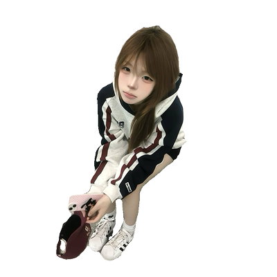 美式复古拼接撞色插肩连帽卫衣女
