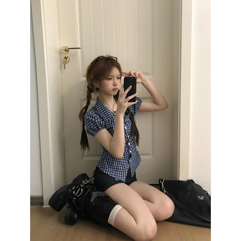 韩系格纹蝴蝶结泡泡袖短袖衬衫女夏季设计感修身收腰正肩短款上衣