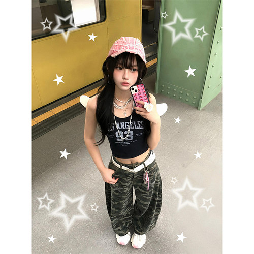 美式辣妹甜酷风黑色吊带背心女夏