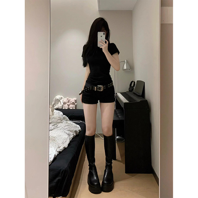 美式辣妹低腰黑色牛仔短裤女春夏