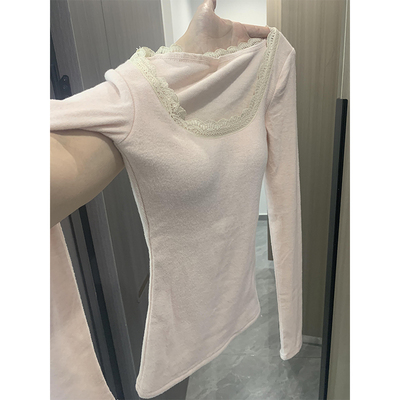 软糯蕾丝花边德绒打底衫女秋冬季